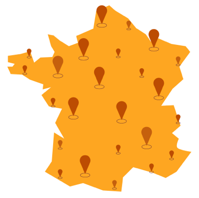 Carte de la France avec des marqueurs géographiques